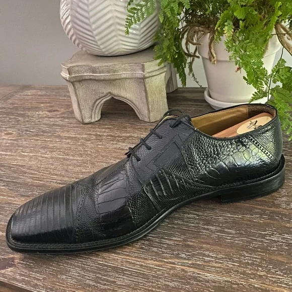 Vtg Exotic Teju Lizard Ostrich Skin David Eden Mens 11 Oxfords Dress Shoes Black - Picture 6 of 12